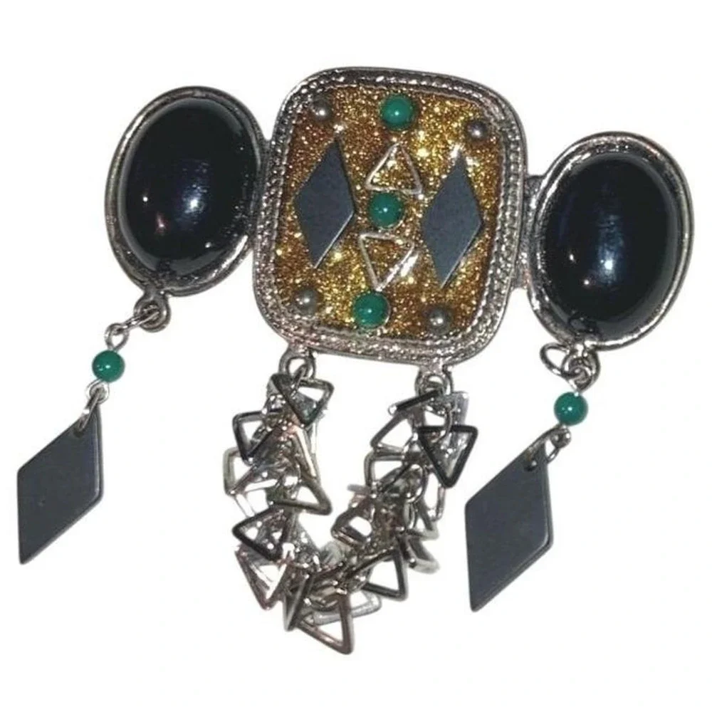 Statement Brooch‎ Pin Southwestern Geometric Black Gem Dangle Chandelier